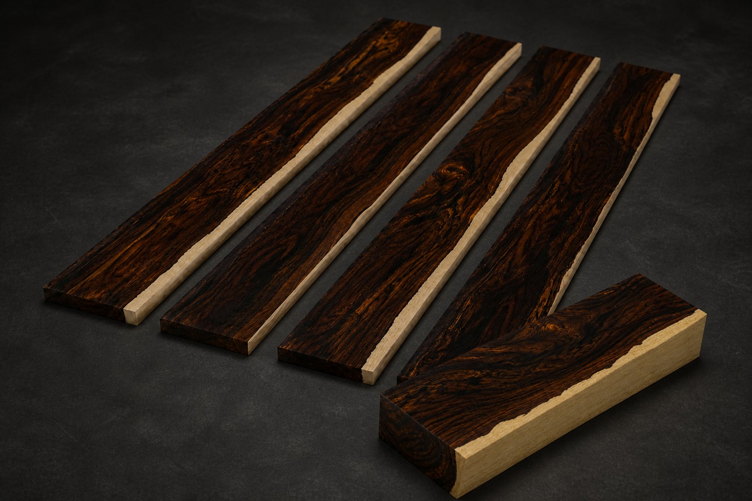 Cocobolo boards and solid blank on a dark surface