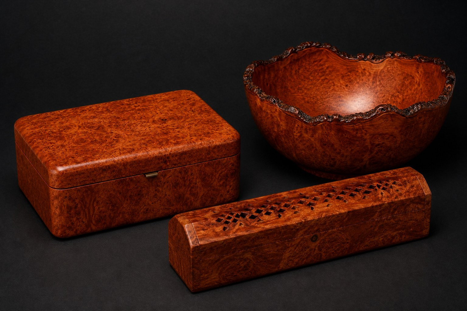 Vietnamese burl box, bowl and incense holder