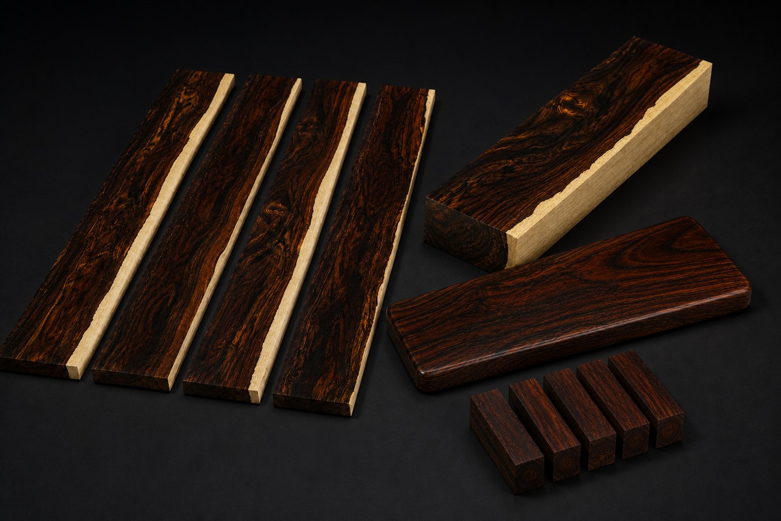 Cocobolo wine-tool stock, solid block, keyboard wrist rest and small blanks for makers